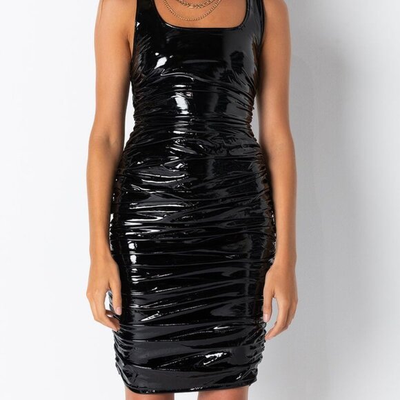 Callie Lives Akira Xena Back at Black: Ruched Vinyl Patent Leather Midi Dress S - Picture 4 of 12